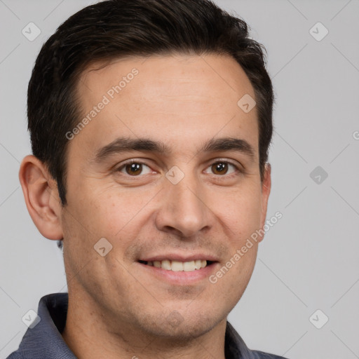 Joyful white young-adult male with short  brown hair and brown eyes