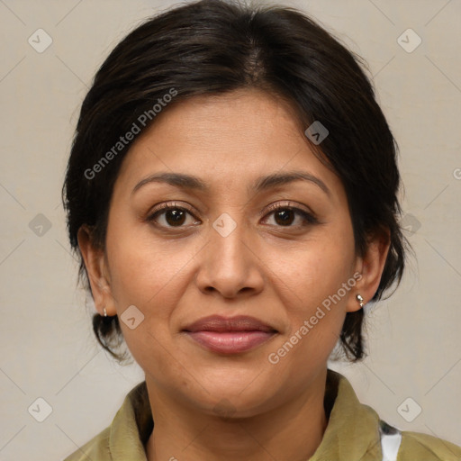 Joyful white adult female with medium  brown hair and brown eyes