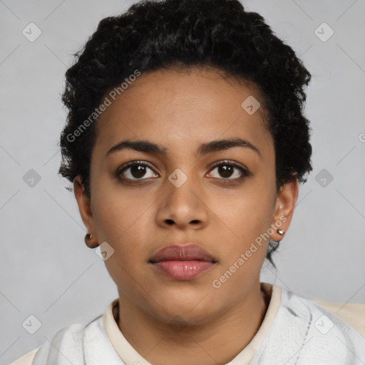 Neutral latino young-adult female with short  black hair and brown eyes