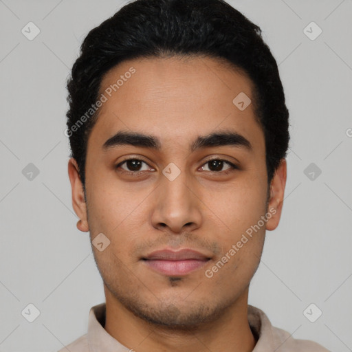 Neutral latino young-adult male with short  black hair and brown eyes