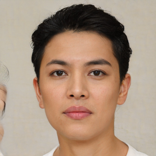 Neutral asian young-adult female with short  black hair and brown eyes