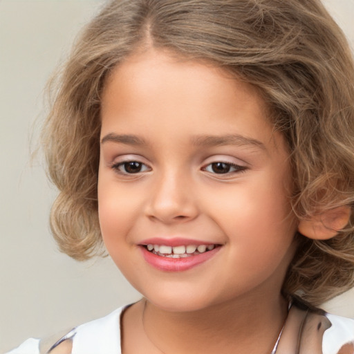 Joyful white child female with medium  brown hair and brown eyes