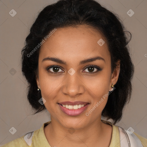 Joyful latino young-adult female with medium  brown hair and brown eyes