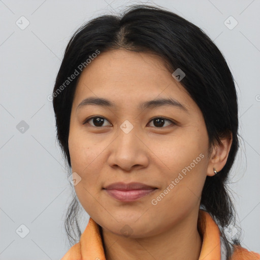 Joyful asian young-adult female with medium  brown hair and brown eyes