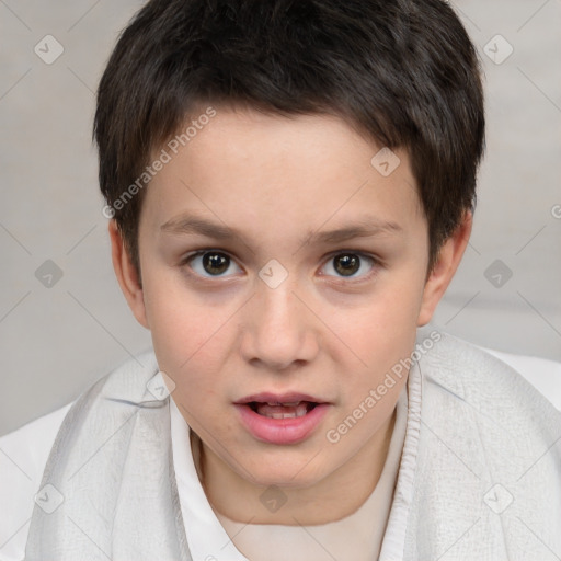 Joyful white child male with short  brown hair and brown eyes