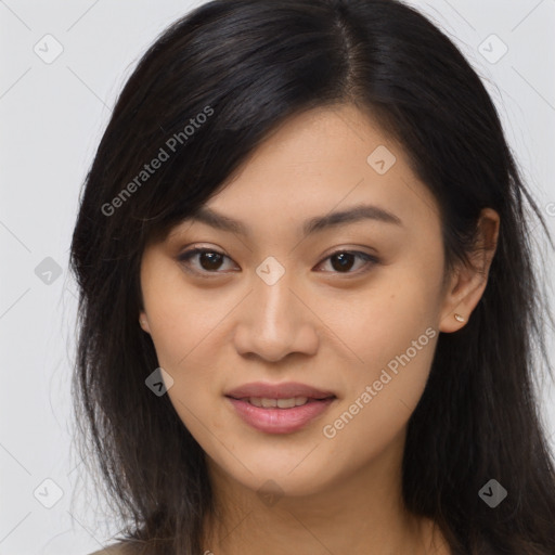 Joyful asian young-adult female with long  brown hair and brown eyes