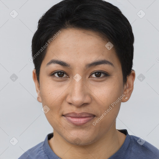 Joyful asian young-adult female with short  brown hair and brown eyes