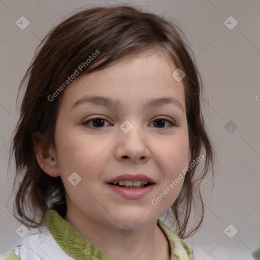 Joyful white child female with medium  brown hair and brown eyes