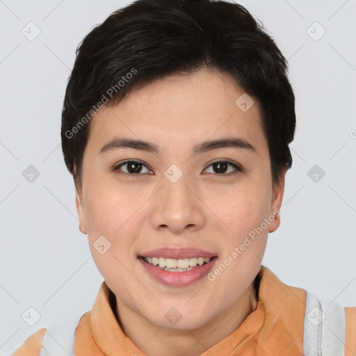 Joyful white young-adult female with short  brown hair and brown eyes