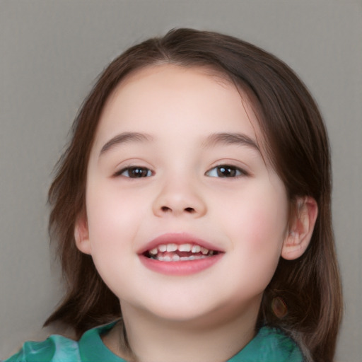 Joyful white child female with medium  brown hair and brown eyes