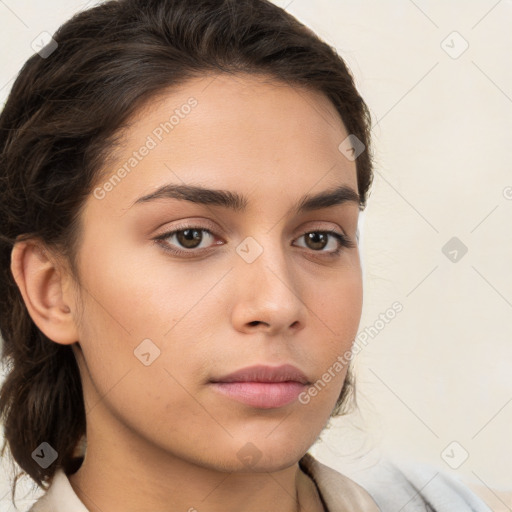 Neutral white young-adult female with medium  brown hair and brown eyes