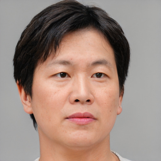 Joyful asian adult male with short  brown hair and brown eyes