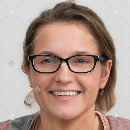 Joyful white young-adult female with medium  brown hair and blue eyes