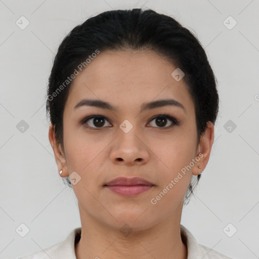 Neutral asian young-adult female with short  black hair and brown eyes