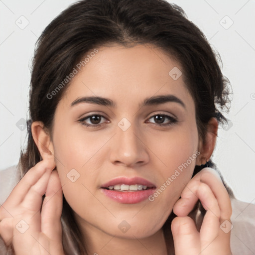 Joyful white young-adult female with long  brown hair and brown eyes