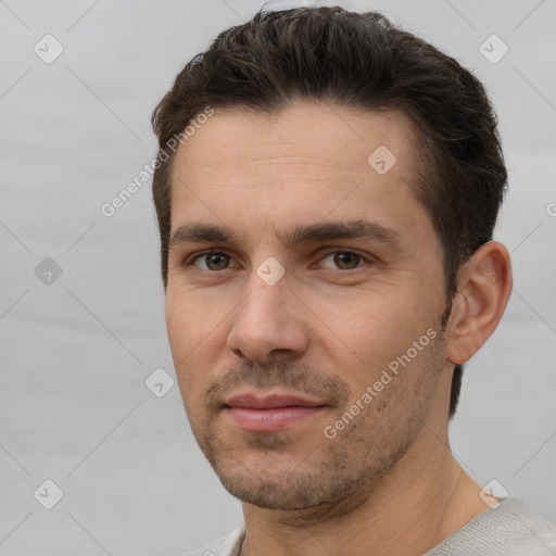 Neutral white adult male with short  brown hair and brown eyes