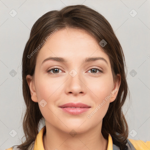 Neutral white young-adult female with medium  brown hair and brown eyes