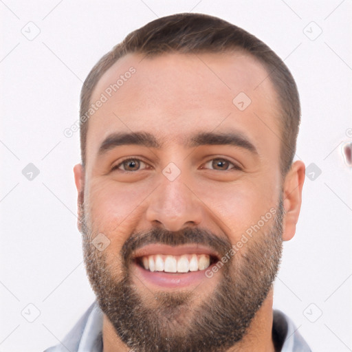 Joyful white young-adult male with short  black hair and brown eyes