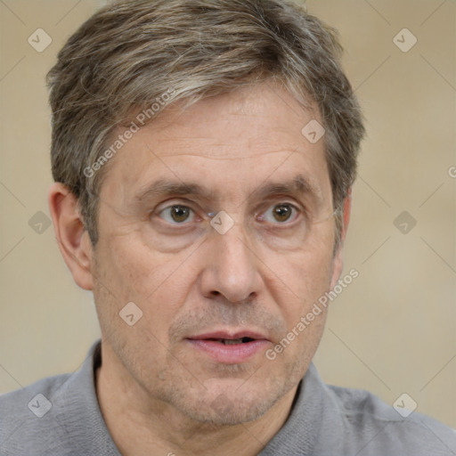 Neutral white middle-aged male with short  brown hair and brown eyes