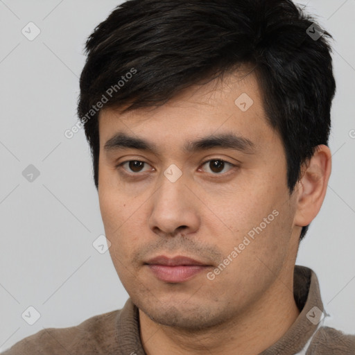 Neutral asian young-adult male with short  black hair and brown eyes