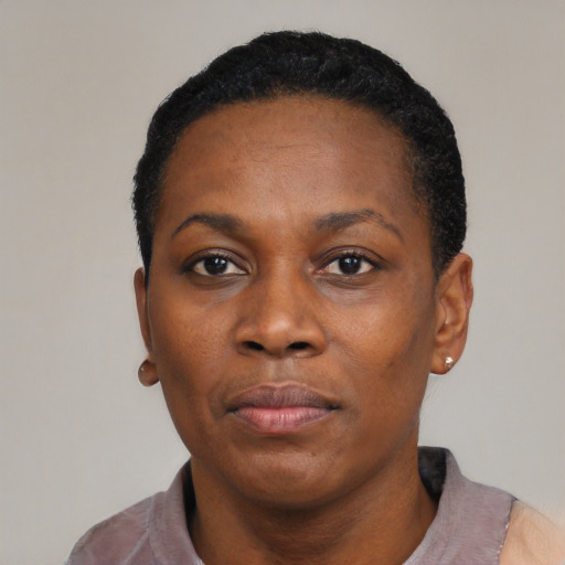 Neutral black adult female with short  black hair and brown eyes