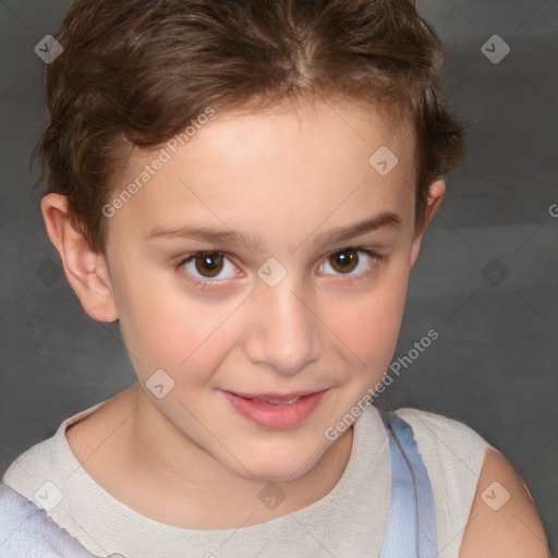 Joyful white child female with short  brown hair and brown eyes