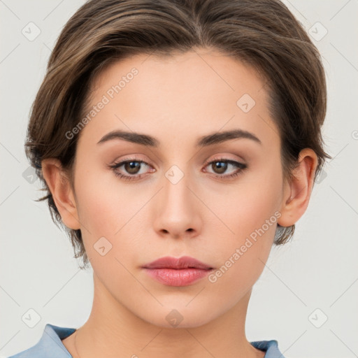 Neutral white young-adult female with medium  brown hair and brown eyes