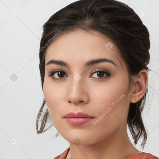 Neutral white young-adult female with medium  brown hair and brown eyes