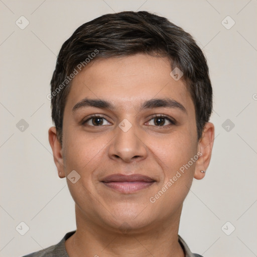 Joyful white young-adult female with short  brown hair and brown eyes