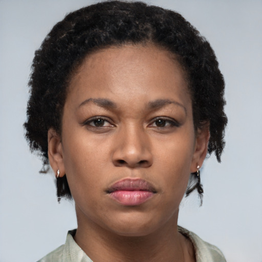 Neutral latino young-adult female with short  brown hair and brown eyes