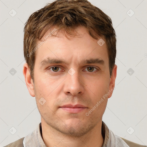 Neutral white young-adult male with short  brown hair and brown eyes