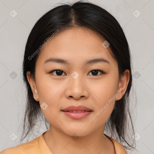 Joyful asian young-adult female with medium  brown hair and brown eyes