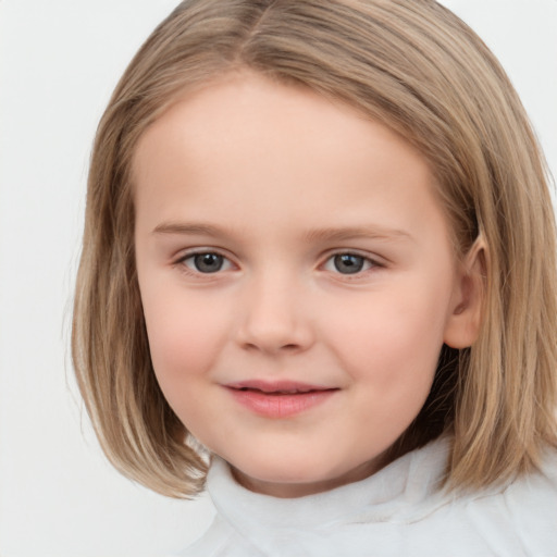 Joyful white child female with medium  brown hair and grey eyes