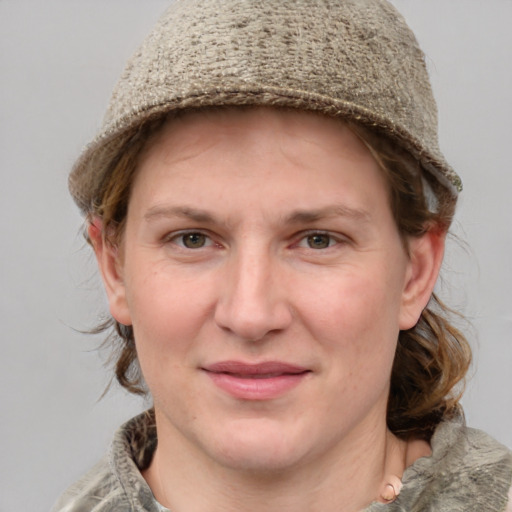 Joyful white young-adult female with medium  brown hair and blue eyes