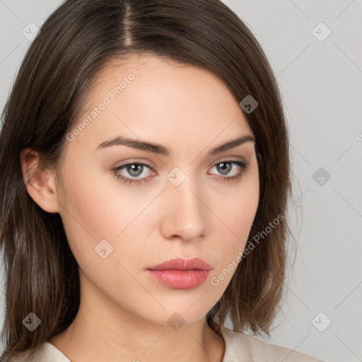 Neutral white young-adult female with medium  brown hair and brown eyes