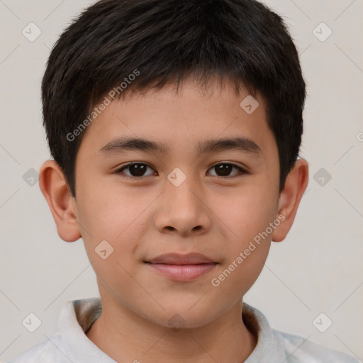 Joyful white child male with short  brown hair and brown eyes