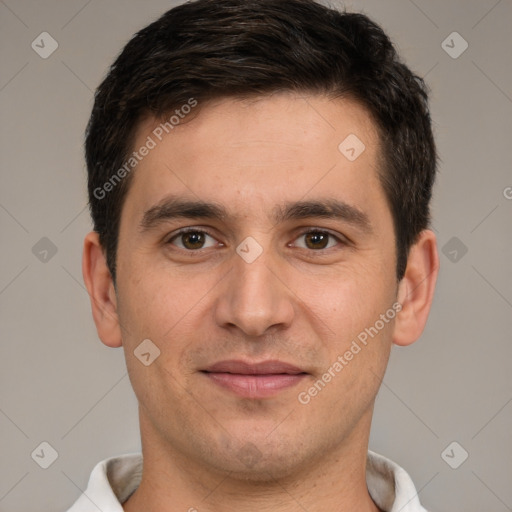 Joyful white young-adult male with short  brown hair and brown eyes