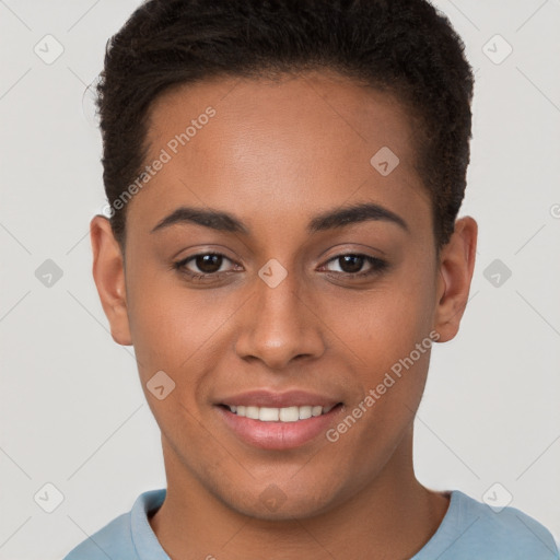 Joyful white young-adult female with short  brown hair and brown eyes