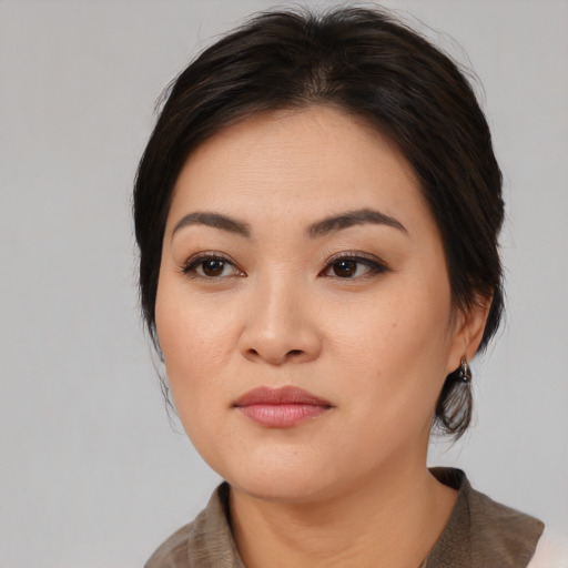 Neutral white young-adult female with medium  brown hair and brown eyes