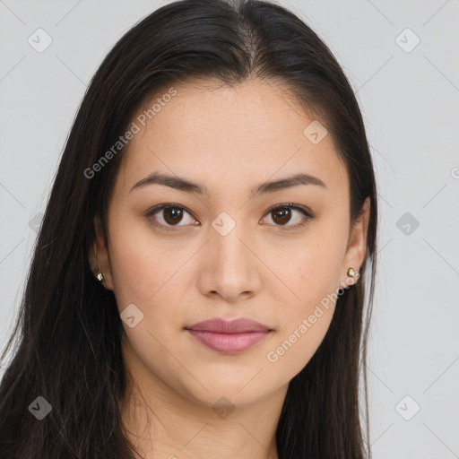 Joyful asian young-adult female with long  brown hair and brown eyes