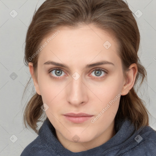 Neutral white young-adult female with medium  brown hair and grey eyes