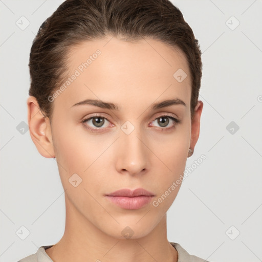 Neutral white young-adult female with short  brown hair and brown eyes