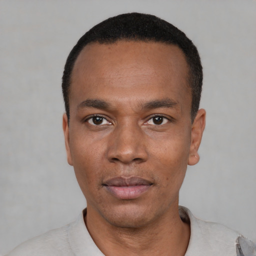 Neutral black young-adult male with short  black hair and brown eyes