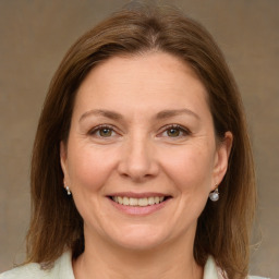 Joyful white adult female with medium  brown hair and grey eyes