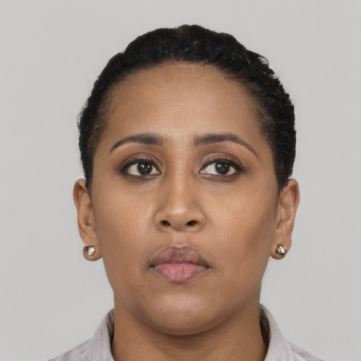 Neutral latino young-adult female with short  black hair and brown eyes
