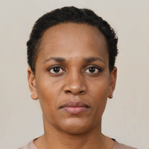Neutral black young-adult female with short  black hair and brown eyes
