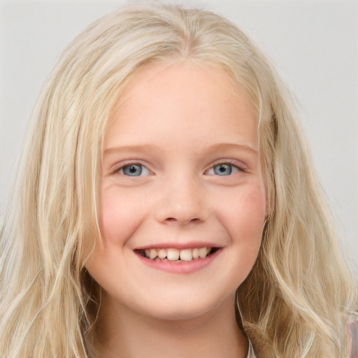 Joyful white child female with long  blond hair and blue eyes