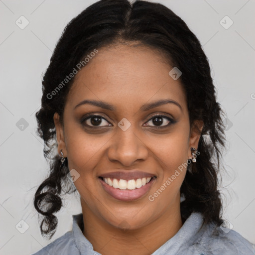 Joyful black young-adult female with medium  black hair and brown eyes