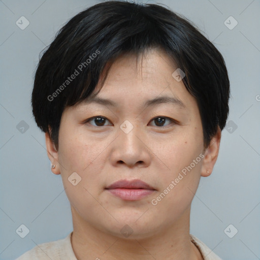 Neutral asian young-adult female with short  brown hair and brown eyes