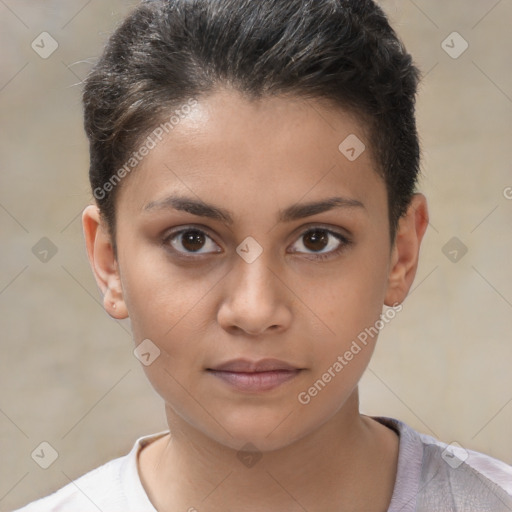 Joyful white child female with short  brown hair and brown eyes